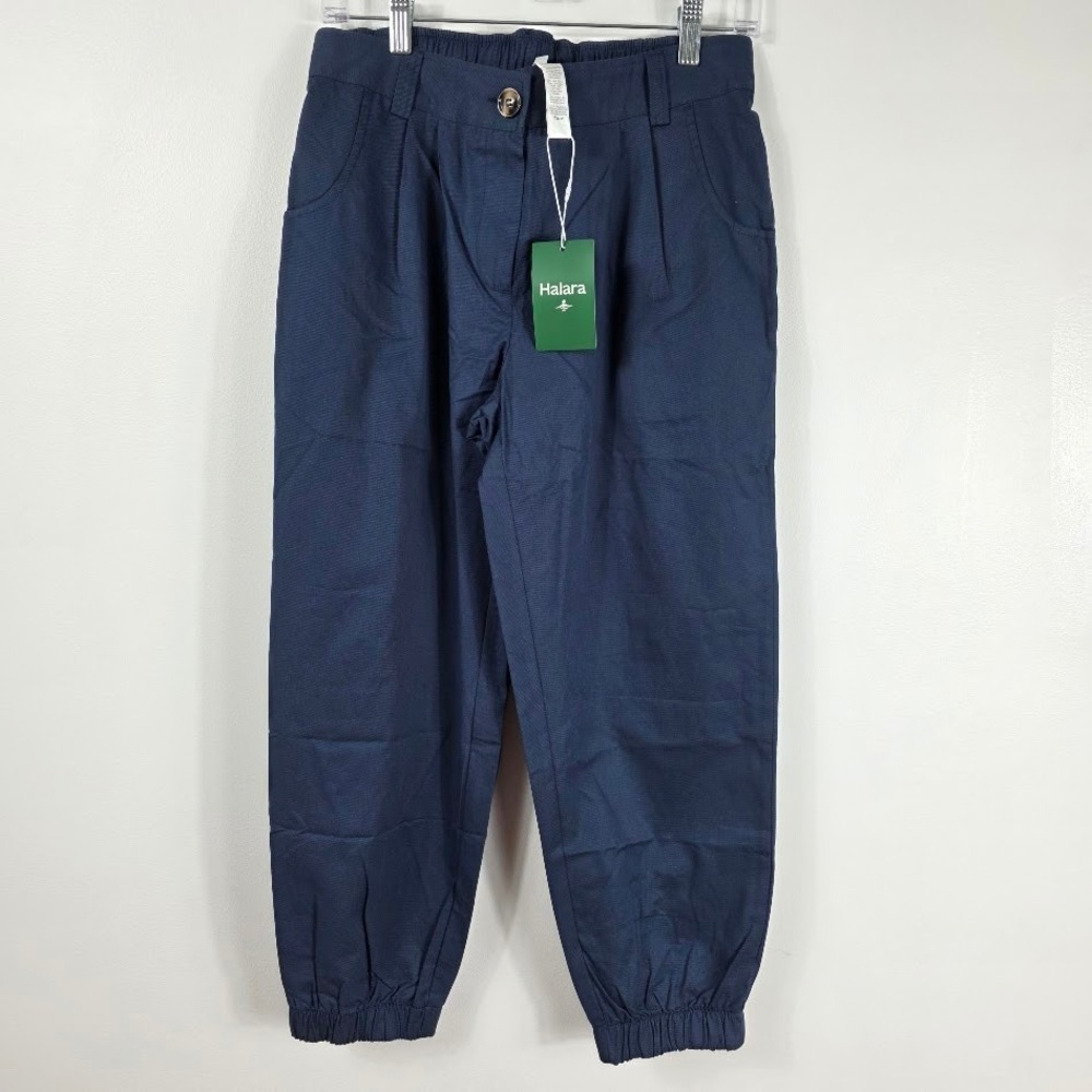 Halara Womens  Cotton Twill‎ Pleated Jogger Navy Blue Pants Mid  Waist S Regular